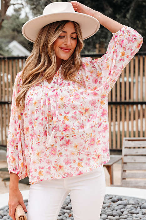 Pink Floral Print Tassel Tie Smocked V Neck Puff Sleeve Tunic Blouse