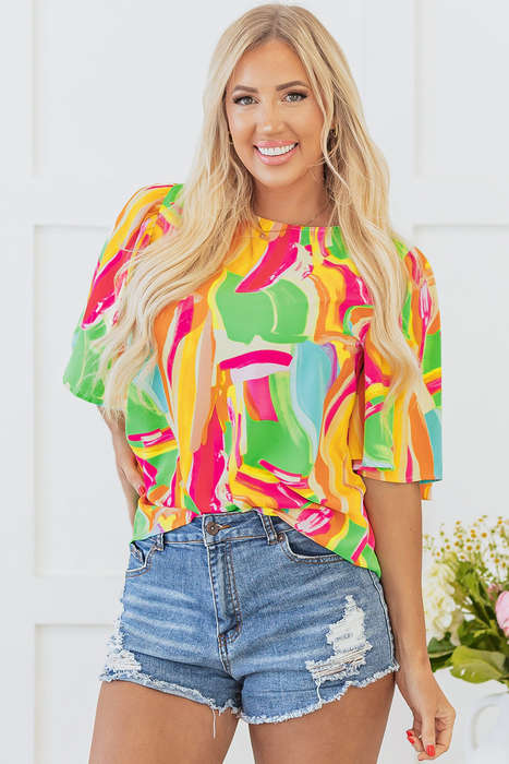 Multicolour Abstract Print Keyhole Back Pleated Half Sleeve Blouse