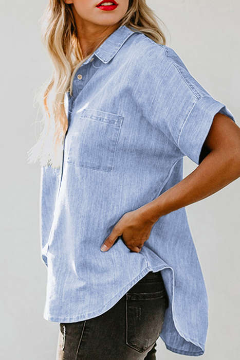 Sky Blue-3 Turn-down Collar Short Sleeve Denim Shirt