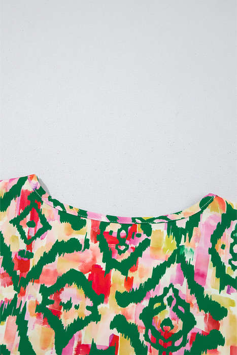 Green Abstract Print V Neck Short Sleeve Blouse