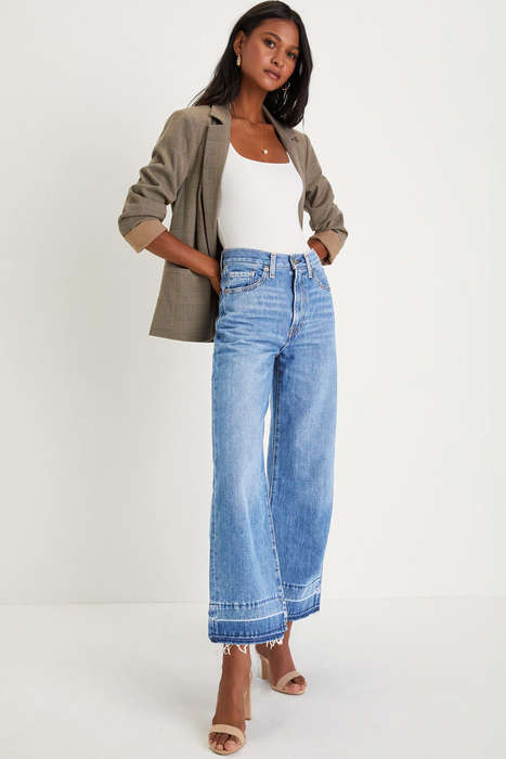 Dusk Blue Raw Hem Straight Leg Loose High Waist Jeans