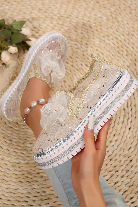 White Glossy Bow Decor Breathable Lace Loafer Shoes