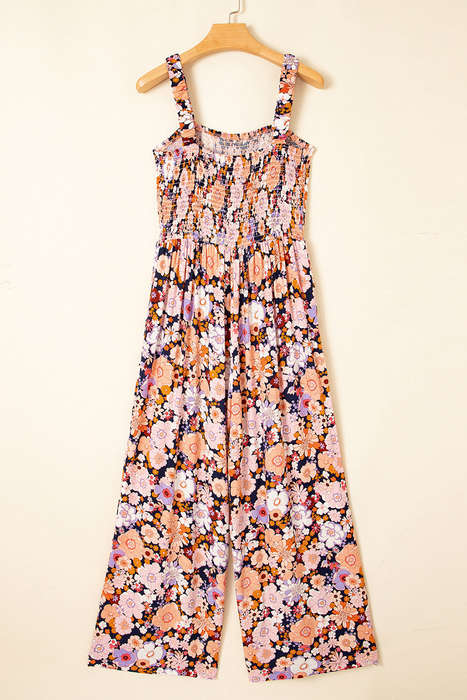 Black Floral Print Smocked High Waist Square Neck Jumpsuit