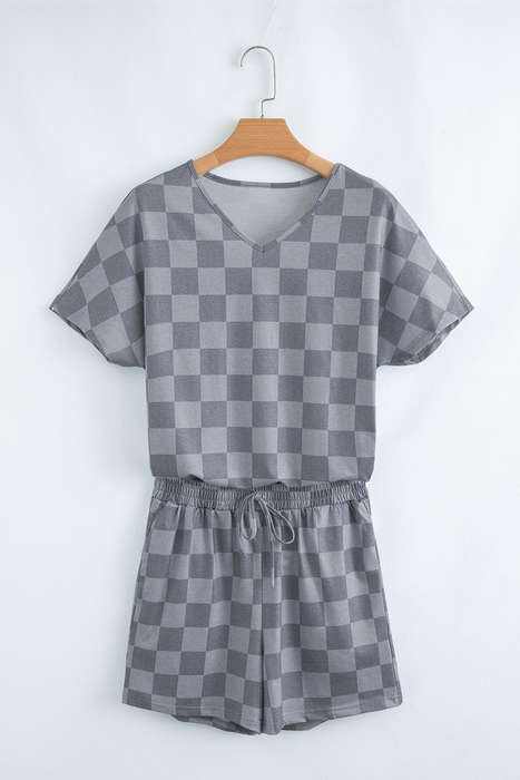 Gray Checkered V Neck Tee Drawstring Shorts Lounge Set