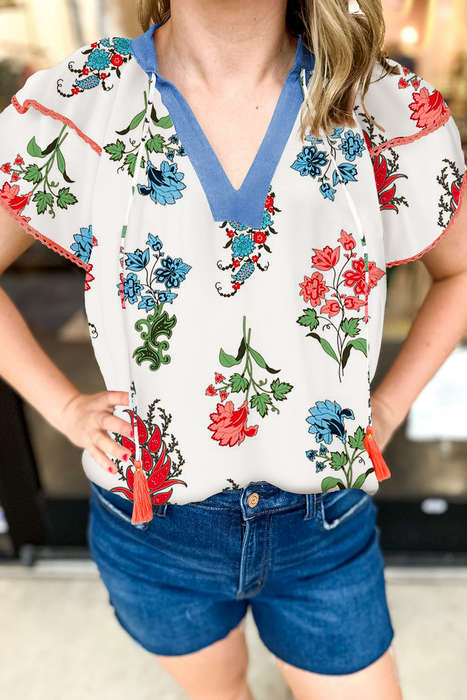 White Floral Print Contrast V Neck Tassel Tie Lace Detail Short Sleeve Blouse