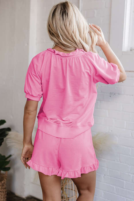 Pink Half Zip Puff Sleeve Top and Ruffled Shorts Set