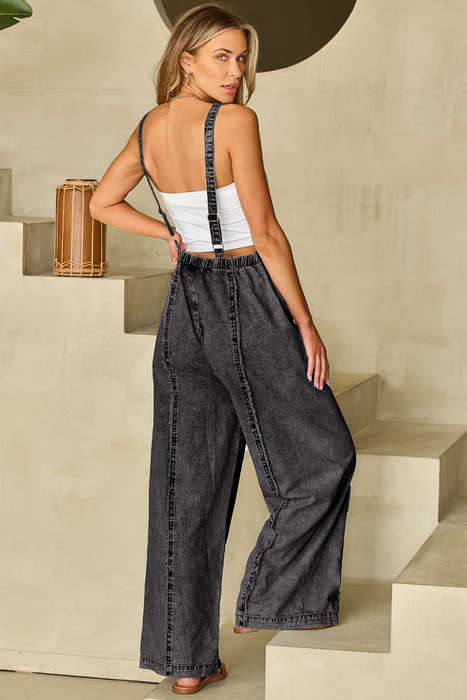 Dark Grey Light Wash Frayed Exposed Seam Wide Leg Denim Overall
