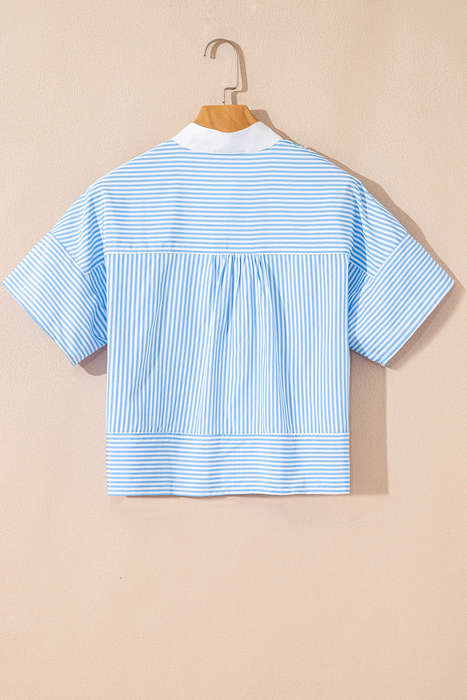 Sky Blue Stripe Contrast Collar Patchwork Hidden Button Short Sleeve Summer Shirt