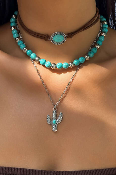 Turquoise Beading Cactus Charm 3pcs Layered Necklace