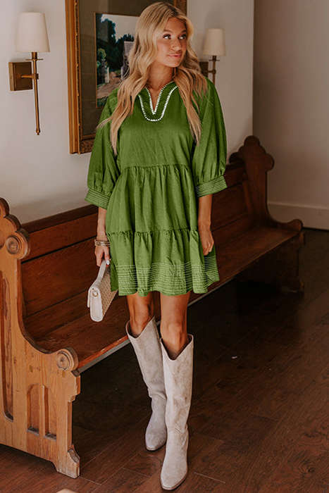 Jungle Green Contrast Stitched V Neck 3/4 Sleeve Tiered Mini Dress