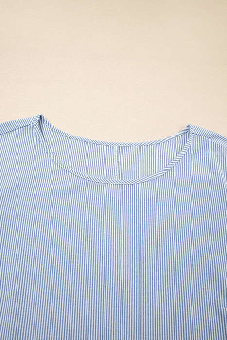 Sky Blue Stripe Crisscross Lace Detail Mixed Striped Patchwork Plus Size Shift Long Dress