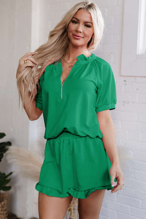 Sea Green Half Zip Puff Sleeve Top and Ruffled Shorts Set