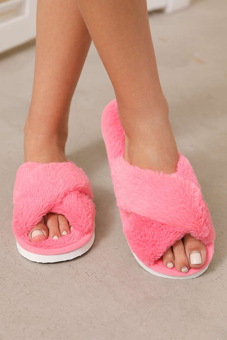 Rose Red Criss Cross Open Toe Fuzzy Slippers