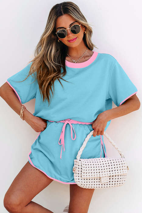 Turquoise Colorblock Edge Drop Shoulder T Shirt and Skort 2Pcs Set