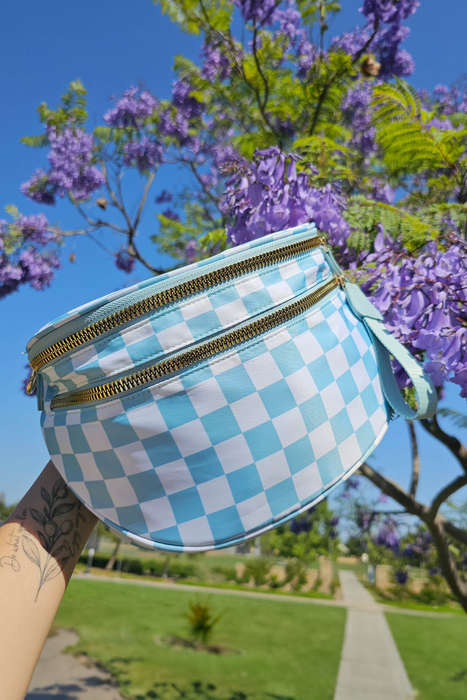 Mist Blue Checkered Print Wide Strap Large Crossbody Bag