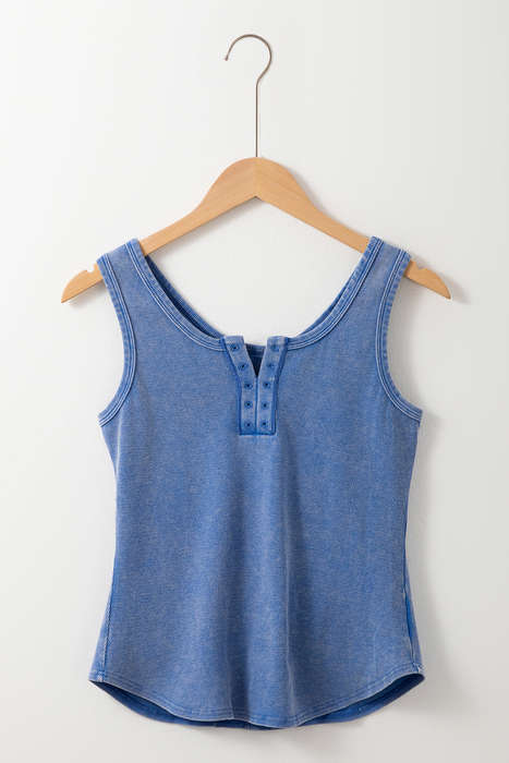 Sky Blue Mineral Wash Ribbed Notch Neck Tank Top