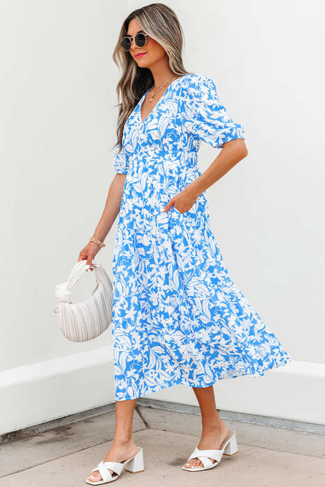 Sky Blue Floral V Neck Puff Short Sleeve Flowy Long Dress