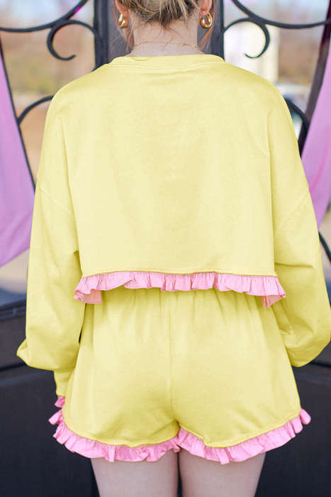 Yellow Contrast Plaid Ruffle Patchwork Pullover Top and Shorts Plus Size Set