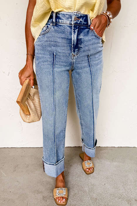 Myosotis Center Seam Cuffed Hem Straight High Waist Jeans