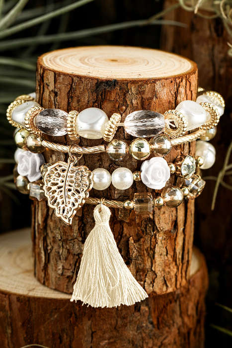 White Bohemian Rhinestone Beaded Fringed Layered Bracelet