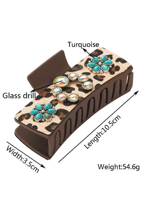 Parchment Western Leopard Print Gem Turquoise Detail Jaw Hair Clip