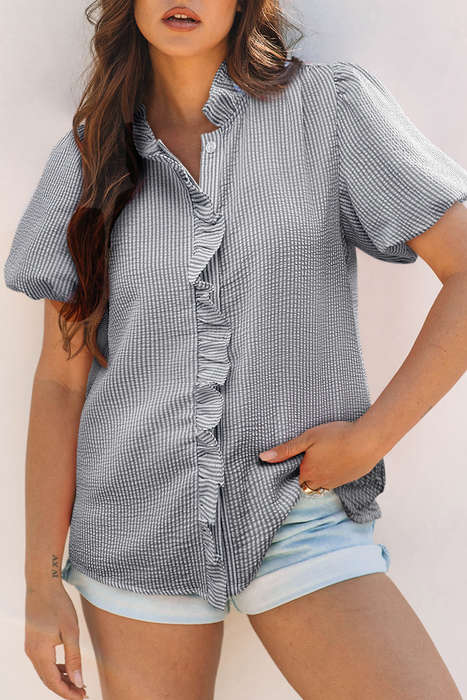 Black Striped Ruffle Short Bubble Sleeve Shirt