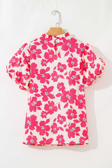 Pink Frilled Neck Short Puff Sleeve Floral Blouse