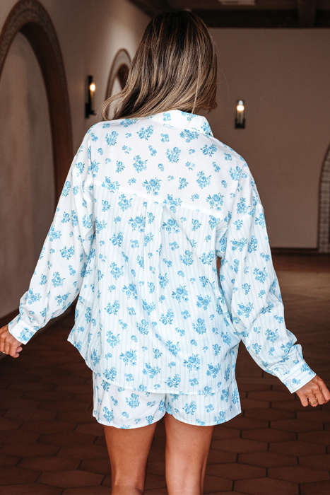 Sky Blue Floral Striped Print Contrast Patched Pocket Shirt and Shorts Set