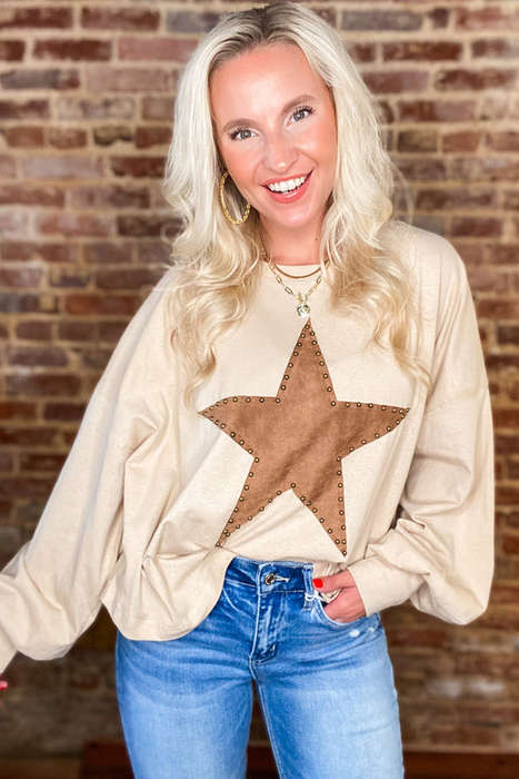 Apricot Studded Star Graphic Oversized Long Sleeve Top