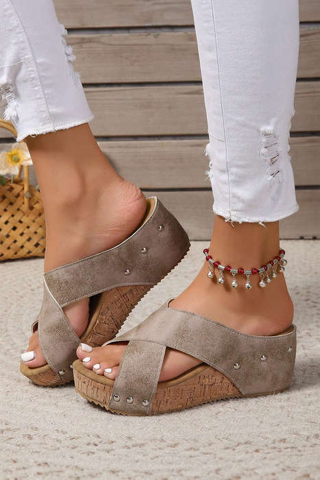 Gray Criss Cross Cut Out PU Leather Wedge Slippers