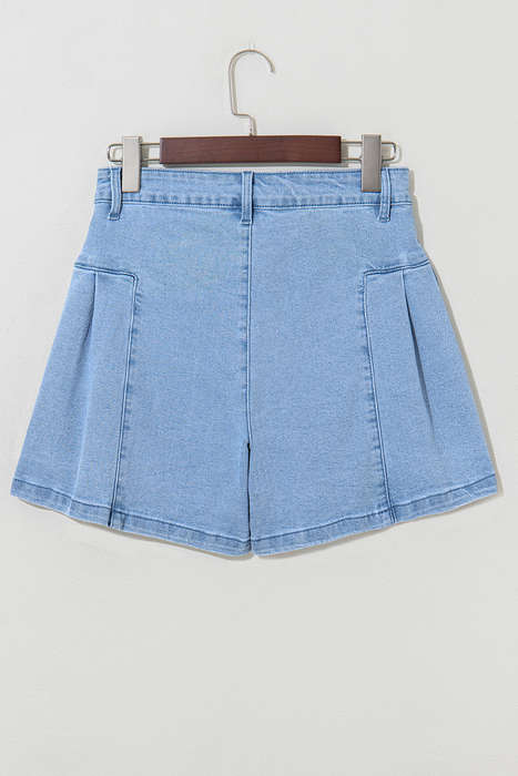 Dusk Blue Pleated Patchwork Wide Leg Lightweight Denim Shorts
