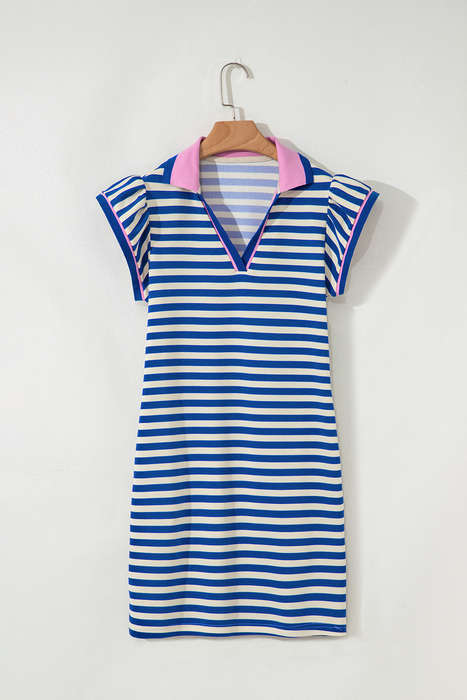 Dark Blue Stripe Print Contrast Collar Split Neck Flutter Sleeve Short Dress