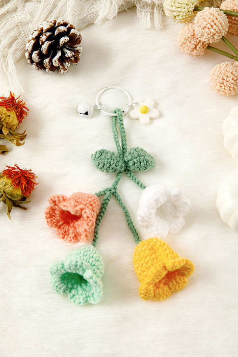 Meadow Mist Green Handmade Crochet Bell Orchid Flower Key Ring Bag Pendant