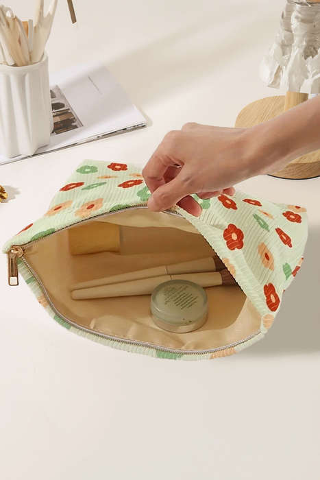 Clearly Aqua Flower Print Corduroy Zipper Makeup Storage Bag