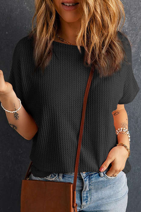 Black Waffle Knit Boat Neck Short Sleeve Top