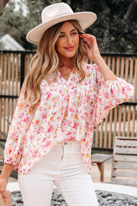 Pink Floral Print Tassel Tie Smocked V Neck Puff Sleeve Tunic Blouse