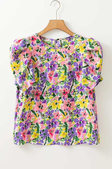 Purple Floral Print Puff Short Sleeve Crew Neck Blouse