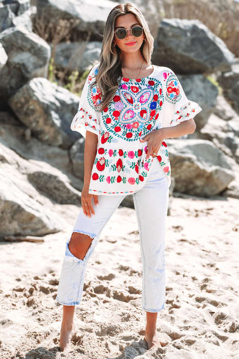 White Boho Floral Print Round Neck Ruffle Trim Blouse