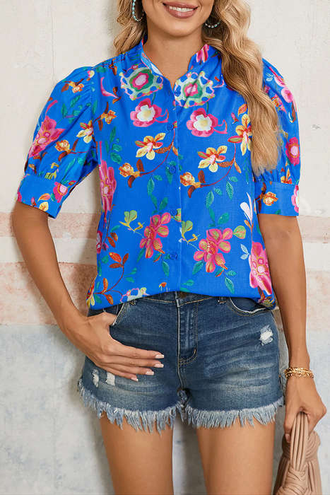 Blue Floral Short Puff Sleeve Button Up Shirt