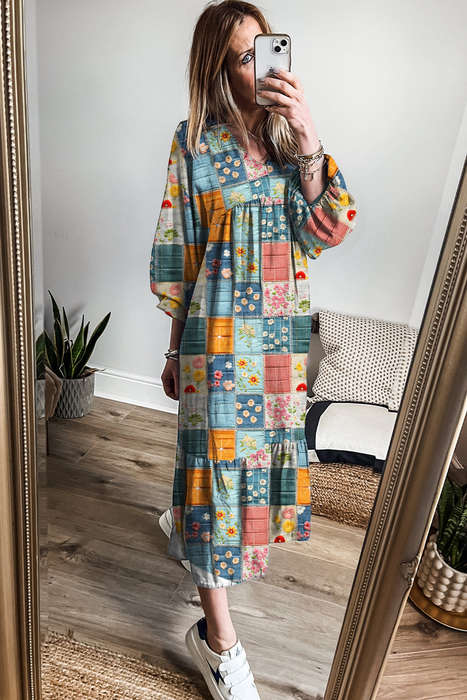 Sky Blue Mix Floral Checkered Pattern Bubble Sleeve Ruffle Hem Dress