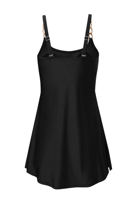 Black Grommet Shoulder Strap Pleated Swim Dress