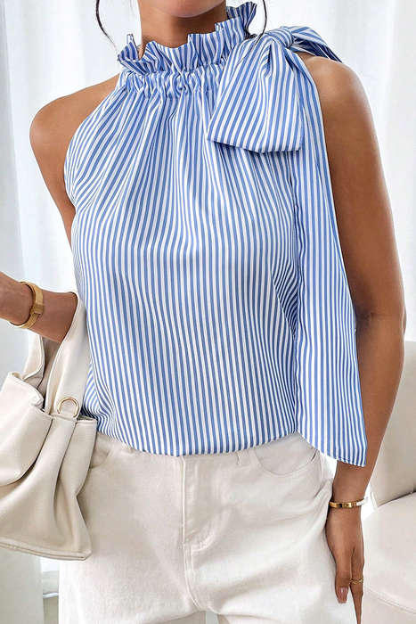 Sky Blue Tied Knot Frilled Collar Sleeveless Top