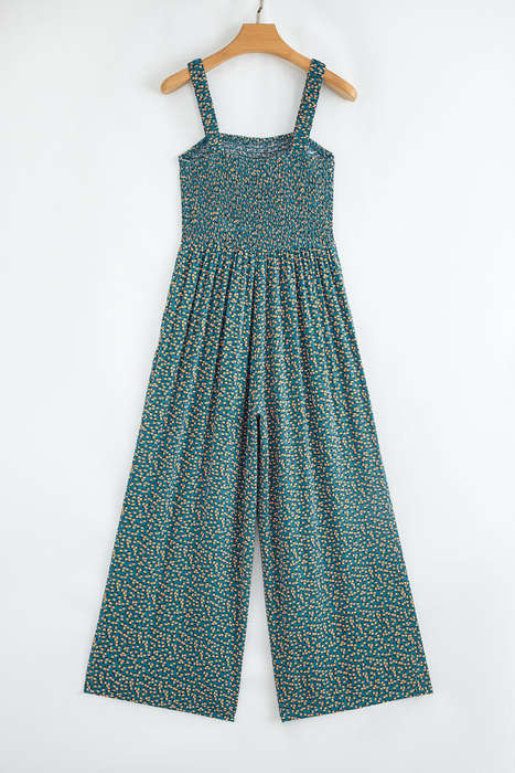 Green Floral Print Smocked High Waist Square Neck Jumpsuit