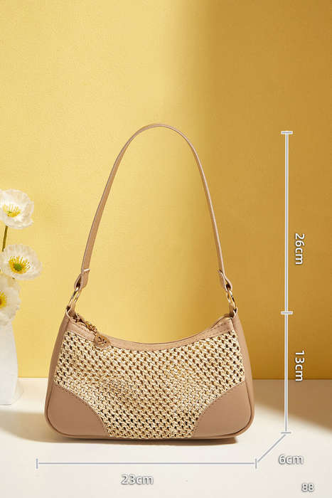 Khaki Straw Woven PU Leather Patchwork Shoulder Bag