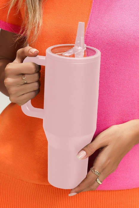 Light Pink Frosted Stainless Handle Large Vacuum Cup with Straw 40oz