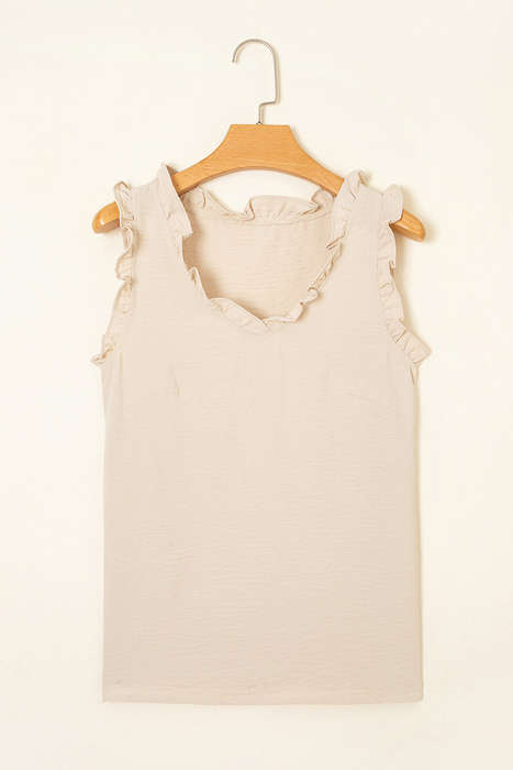 Parchment Textured Frilly Trim V Neck Sleeveless Top