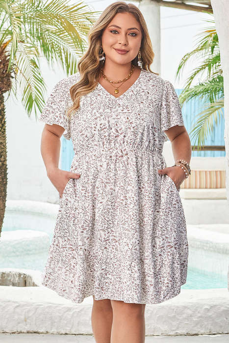 White Floral V Neck Ruffled Short Sleeve Plus Size Dress