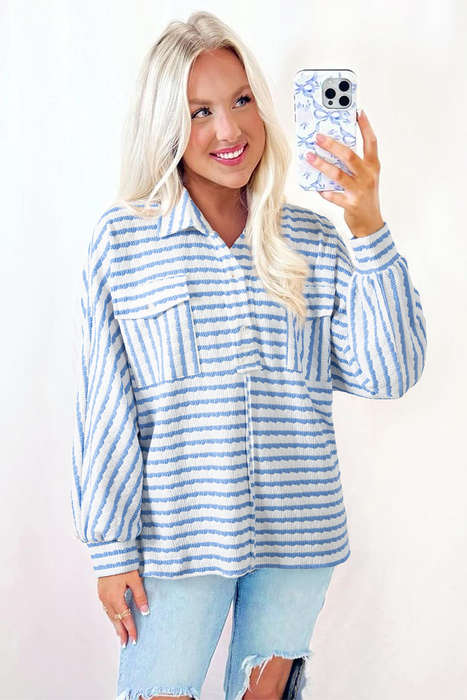 Sky Blue Stripe Half Button Collared Chest Pockets Loose Fit Blouse