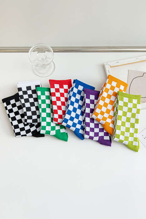 Black Checkerboard Print Cotton Socks
