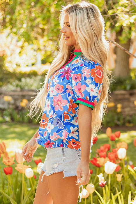 Sky Blue Floral Colorblock Edge Puff Sleeve Split Neck Blouse